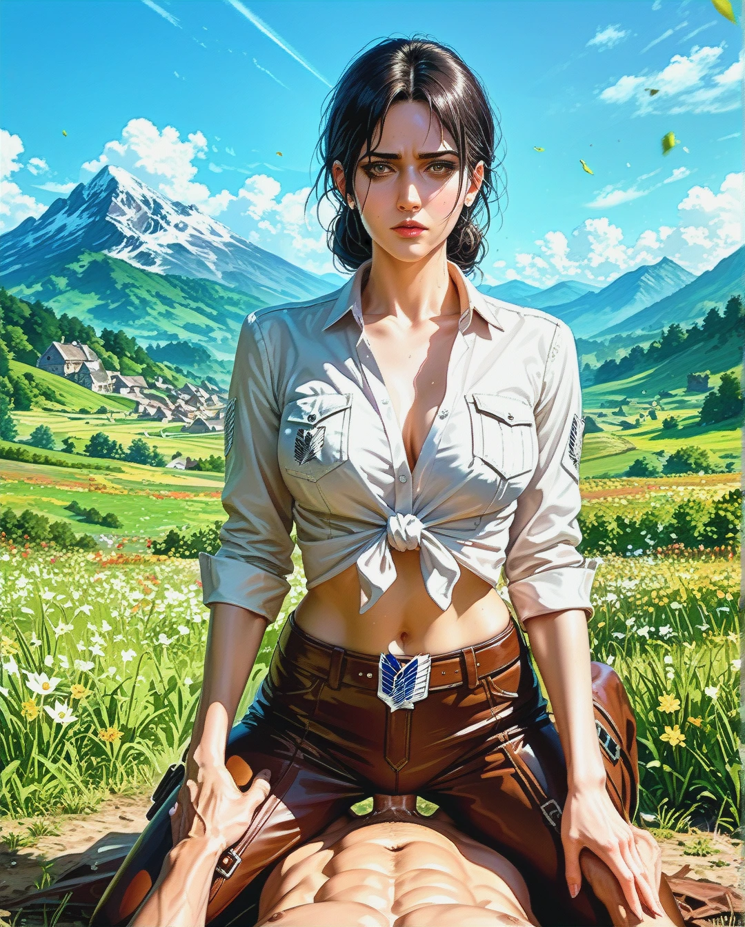 Jang sun young, mature, attack on Titan, clothes up,sex navel, village field mountain, Realistic Realistic