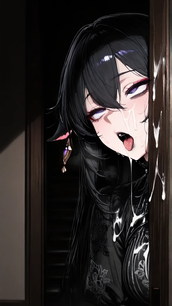 Yae miko, goth, black hair, black lipstic (ahegao) (bukkake)