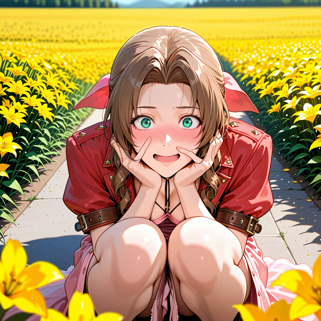 @aerith_gainsborough, in a yellow flower field, pink dress,on the floor, panic face, embarassed face, surprised face, panic, wide view, hiding her face with her hands, blushing a lot, extreme blushing, hiding her face , (looking_at_viewer)