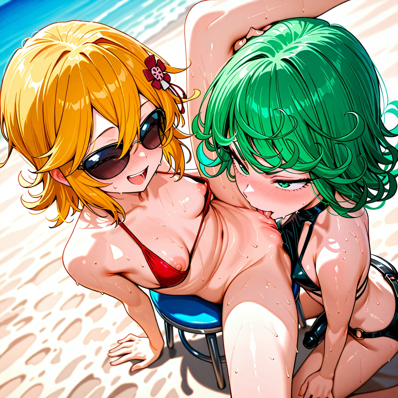 Tatsumaki and  senko from Sewayaki Kitsune no Senko-san , high resolution, extreme detail, (happy) ,strap-on   (skinny) ,(nipple_slip), , swimsuit,on beach , bikkini,head grab , (from_above), (cunnilingus), (leg_up), open pussy,  (laughing) ,, sweating ,  oral, sitting on stool, 2 girls, (bisexual_female),  ,  cooperative,(dutch_angle)   (smile) sunglasses,  (full_body), (full_blush)