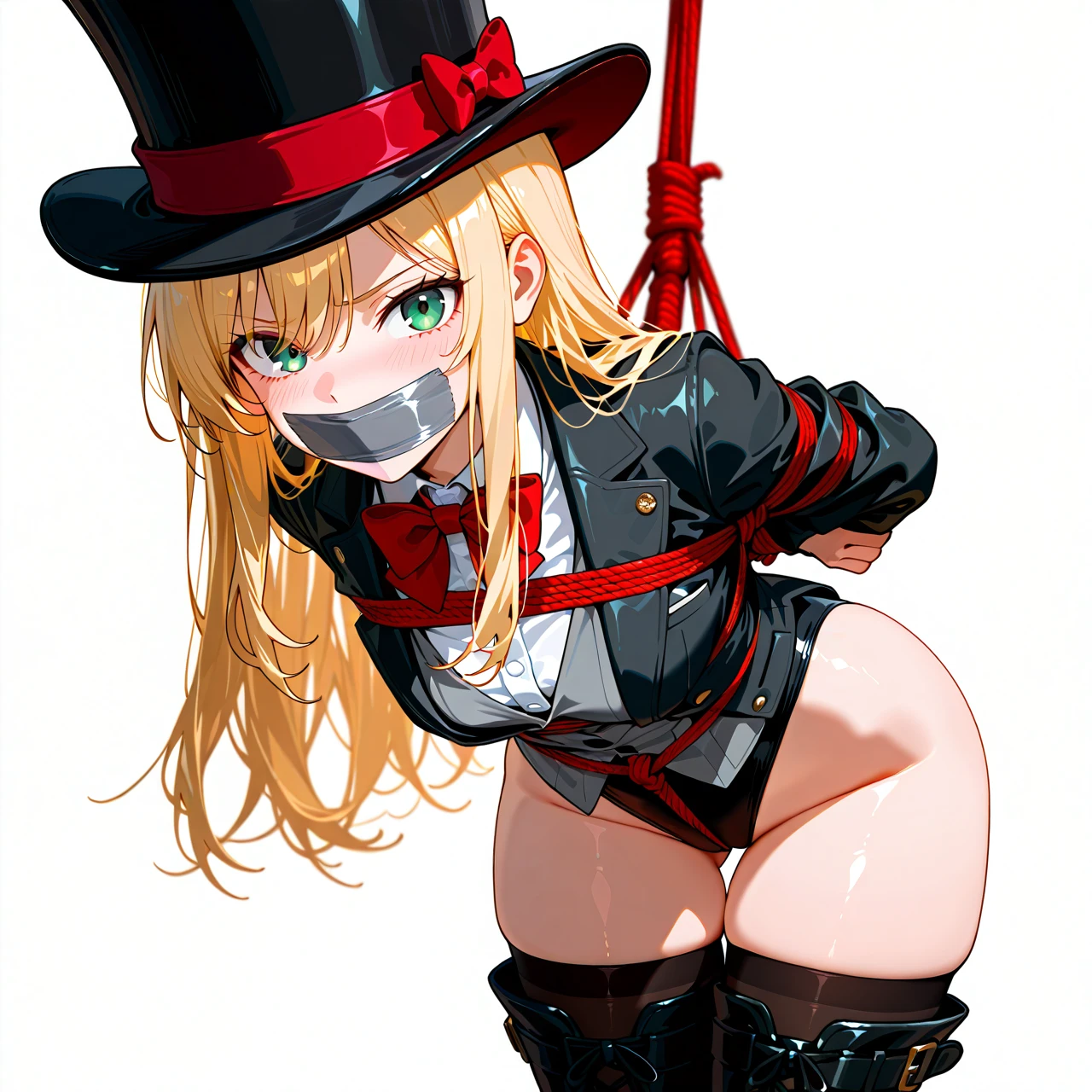 1girl, arms behind back, ass visible through thighs, bdsm, black footwear, black headwear, black jacket, black leotard, black thighhighs, blonde hair, bondage, bound, bound arms, bow, bowtie, gag, gagged, green eyes, grey vest, groin, hat, highleg, highleg leotard, improvised gag, jacket, leaning forward, leotard, leotard under clothes, long hair, long sleeves, looking at viewer, red bow, red bowtie, rope, shibari, shibari over clothes, shirt, sidelocks, solo, tape gag, thigh boots, thigh gap, thighhighs, thighs, top hat, vest, white background, white shirt