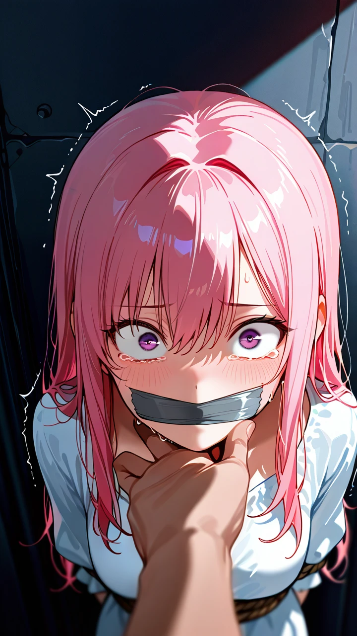 pov, pink hair, long hair, white clothed female, crying, scared, sobering, taped mouth, shaking head, pov, eye contact, tied female,  eye_contact, pov, pushed to wall, dark light, tears dropping, stroking_own_chin, rope