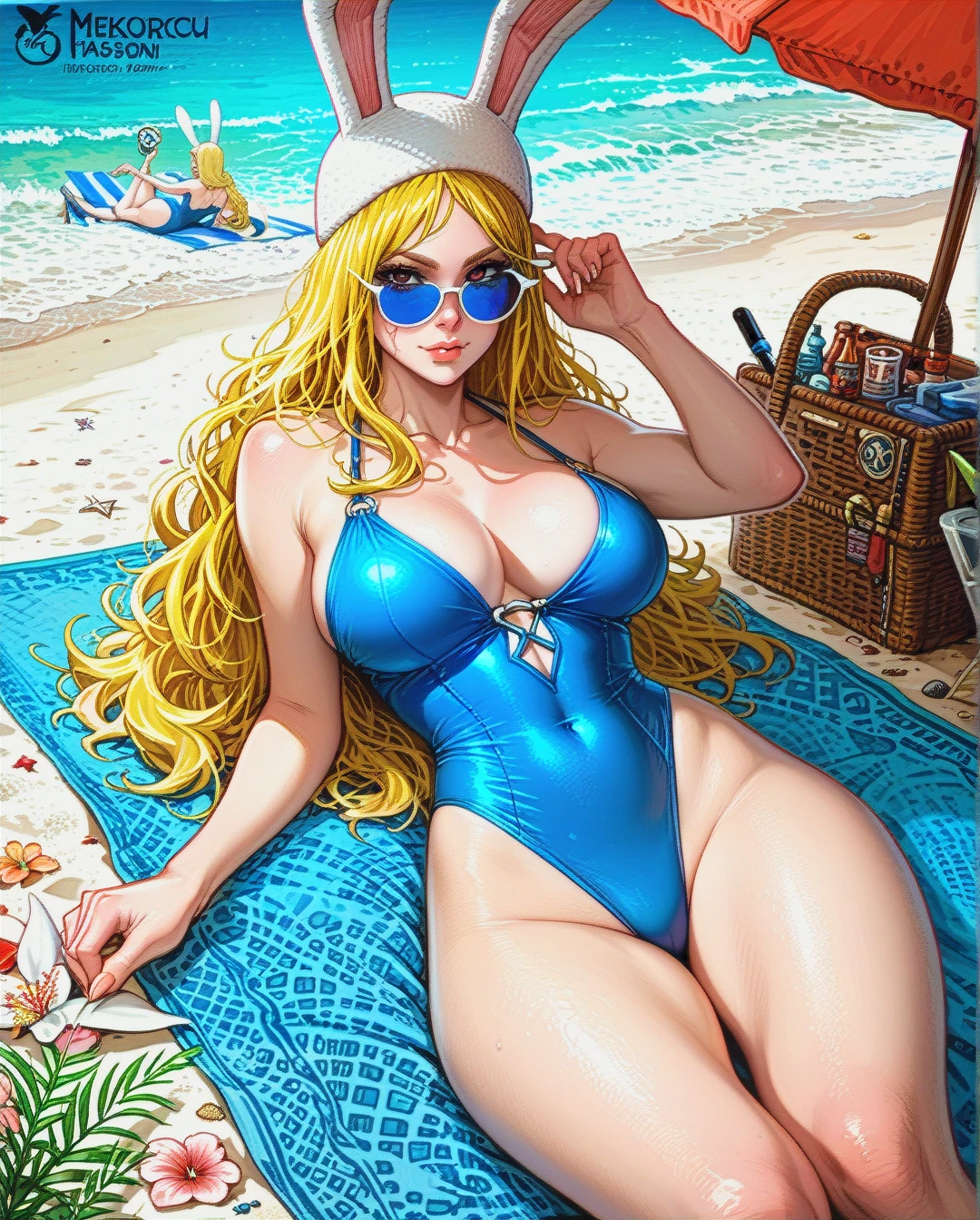 fionna the human girl, adventure time, blonde hair, blue sunglasses, bunny ears hat, low blue one piece swimsuit, cleavage, visible belly button, gladiator sandals, rounded breasts, large breasts, rounded ass, thicc thighs sitting on beach towel, beach parasol, laying on back, legs extended, long hair, selfie