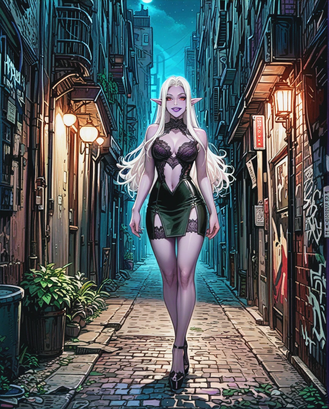 Elf, purple skin, long white hair, black lingerie, black slit leg skirt, high heels, red eyes, smiling, purple lipstick, full body, alleyway, fantasy, night