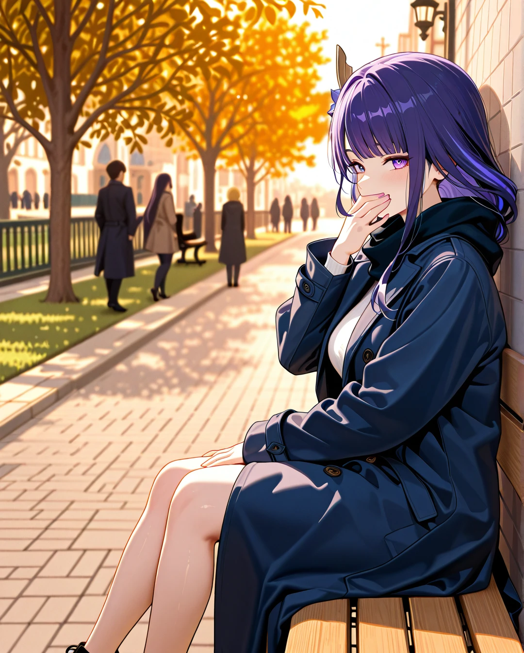 Raiden from Genshin Impact, sitting on a person's face in a secluded corner of a public park, wearing a long coat that hides the act, legs spread under the coat, one hand covering her mouth to stifle a moan, the other gripping the bench, mischievous smile, daylight, people walking nearby unaware, the person beneath her trying to stay quiet, Raiden's coat slipping slightly.