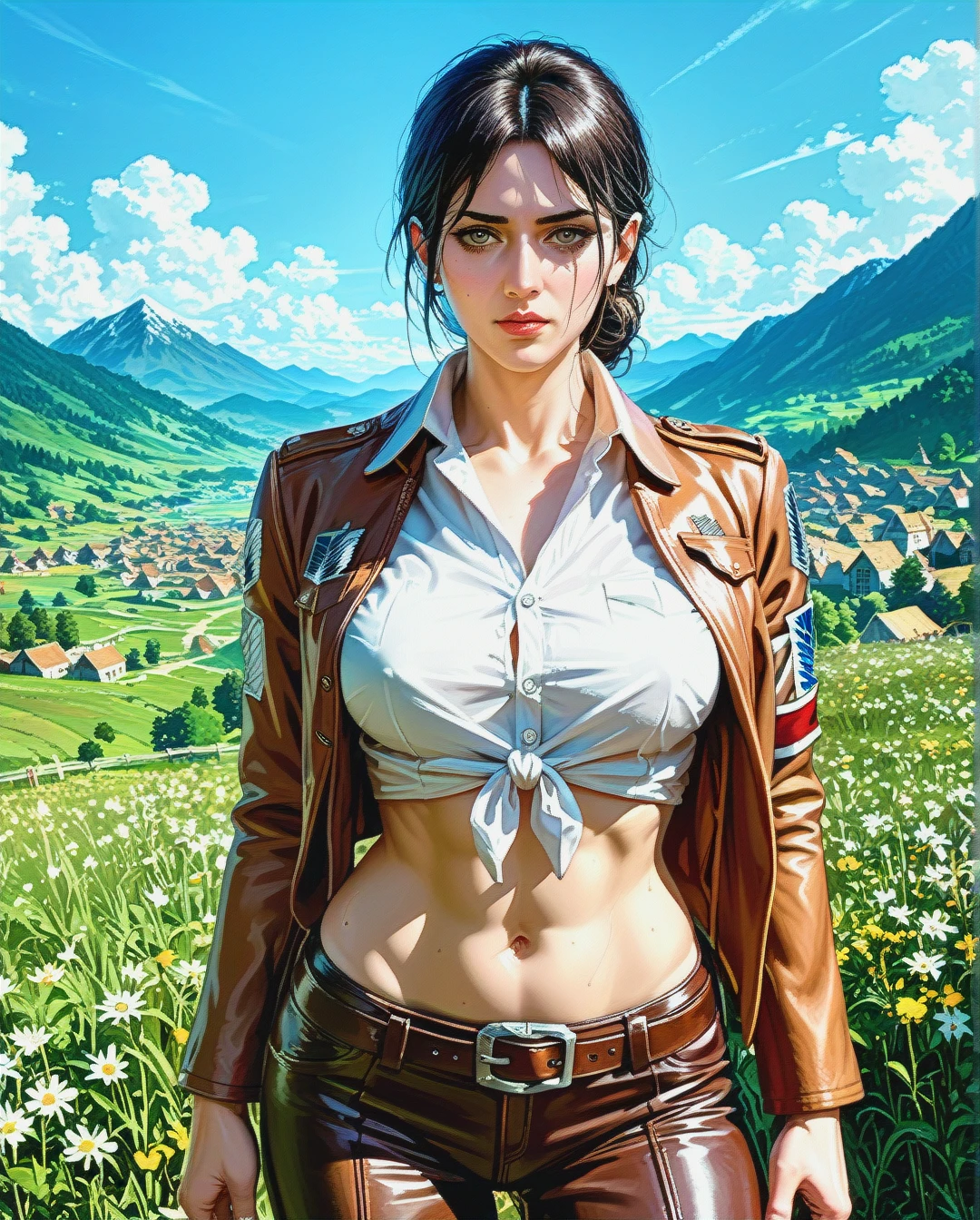 Jang sun young, mature, attack on Titan, clothes up,sex navel, village field mountain, Realistic Realistic