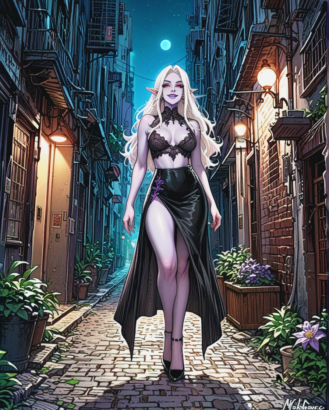 Elf, grey purple skin, long white hair, black lingerie, black slit leg skirt, high heels, red eyes, smiling, purple lipstick, full body, alleyway, fantasy, night