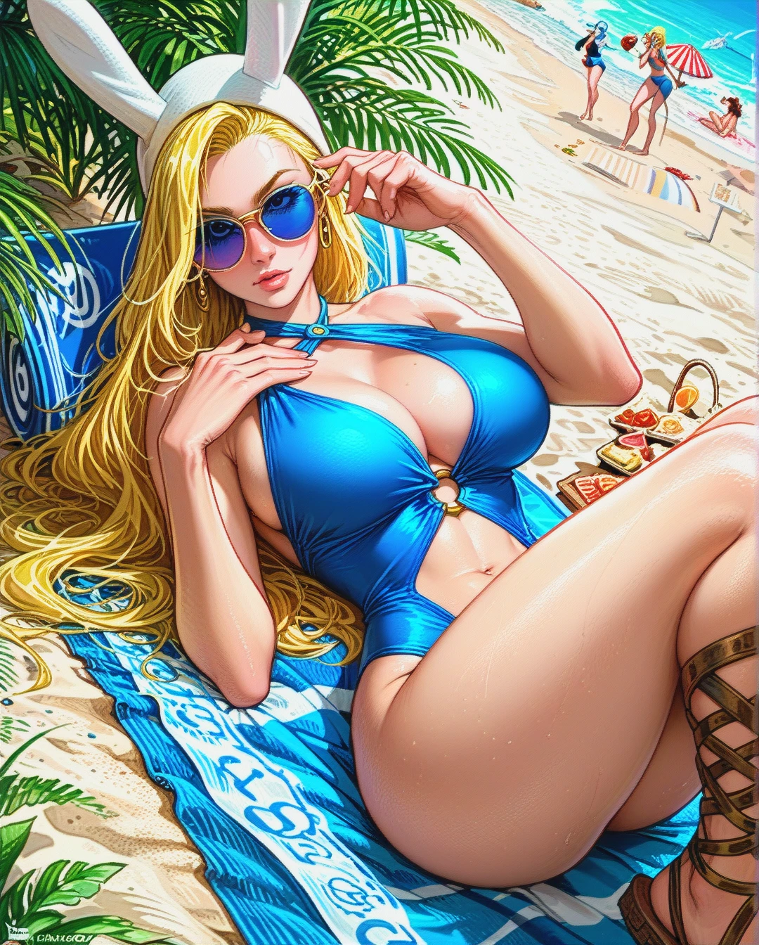 Fionna the human girl, adventure time, blonde hair, blue sunglasses, low cut blue one piece swimsuit, cleavage, visible belly button, gladiator sandals, rounded breasts, large breasts, rounded ass, thicc thighs sitting on beach towel, beach parasol, laying on back, legs extended, long hair, selfie