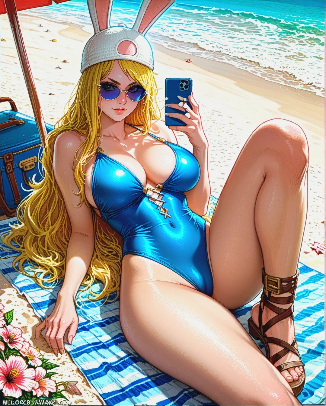 fionna the human girl, adventure time, blonde hair, blue sunglasses, bunny ears hat, low blue one piece swimsuit, cleavage, visible belly button, gladiator sandals, rounded breasts, large breasts, rounded ass, thicc thighs sitting on beach towel, beach parasol, laying on back, legs extended, long hair, selfie