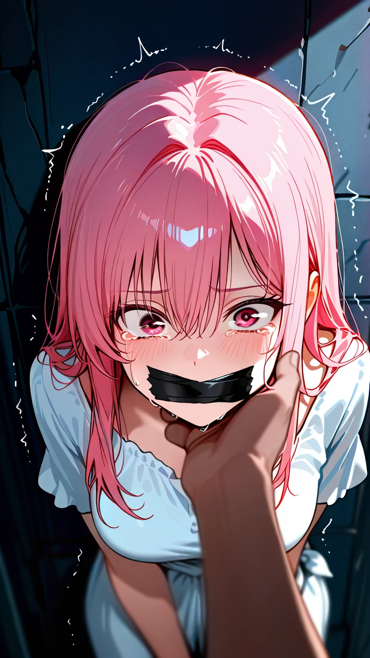 pov, pink hair, long hair, white clothed female, crying, scared, sobering, taped mouth, shaking head, pov, eye contact, tied female,  eye_contact, pov, pushed to wall, dark light, tears dropping, stroking_own_chin