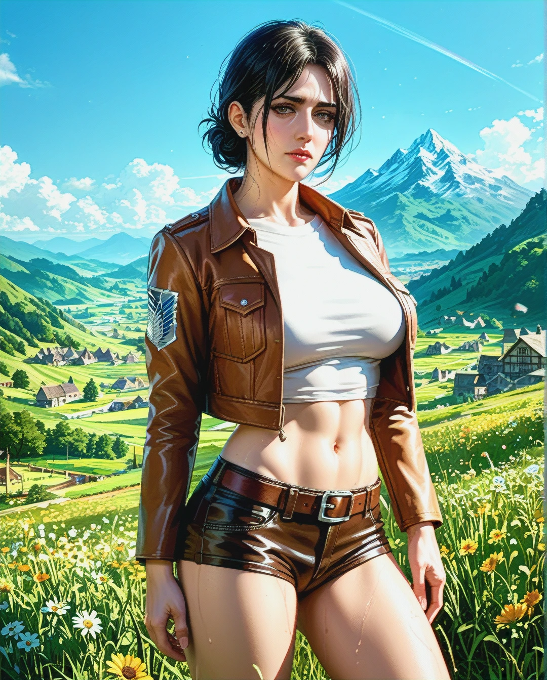 Jang sun young, mature, attack on Titan, clothes up,sex navel, village field mountain, Realistic Realistic