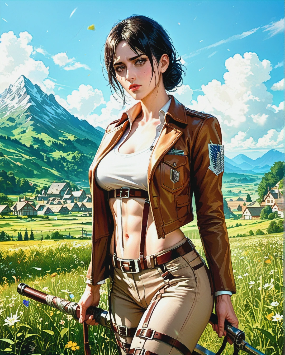 Jang sun young, mature, attack on Titan, clothes up,sex navel, village field mountain, Realistic Realistic