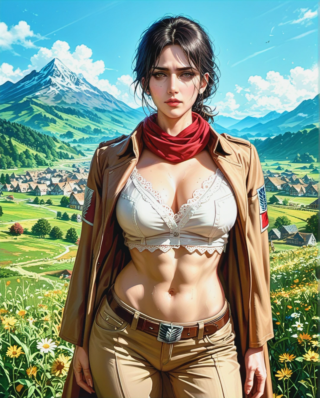 Jang sun young, mature, attack on Titan, clothes up,sex navel, village field mountain, Realistic Realistic