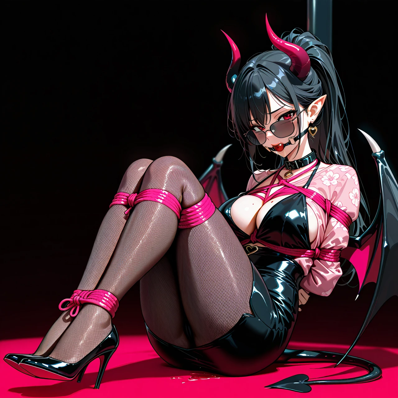 1girl, solo, cleavage, demon girl, demon horns, demon tail, demon wings, black dress, earrings, formal, glasses, high heels, horns, jewelry, pointy ears, black ponytail, pink shirt, sunglasses, tail, wings, pink shirt with flowers patterns, lips are black, pink soles of shoes, bound legs, bondage, gagged, gag, ball gag, bound, bound ankles, bound arms, bound legs, rope pattern on chest, pink rope, (bondage), (shibari), collar with heart, Slingback heels, Slingbacks, red eyes, make-up, saliva, black fishnet tights