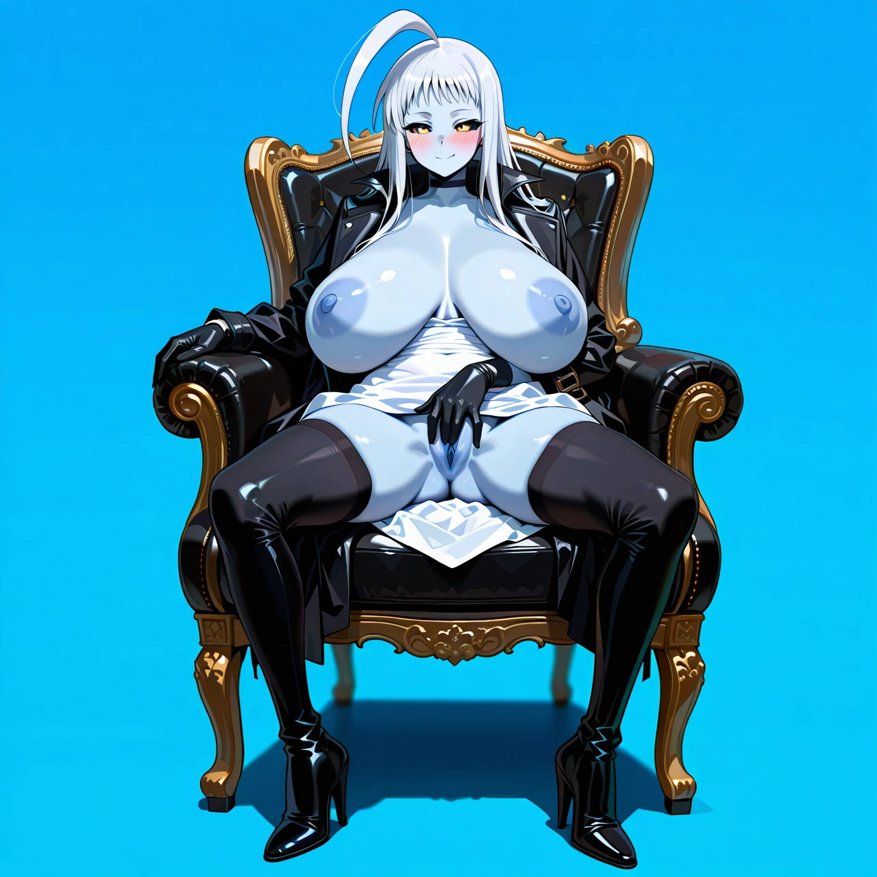 @lala_(monster_musume), thigh-length white dress, black long coat, black_thighhighs, bicep-length black gloves, thigh-high heeled boots, blue_skin, blue_pussy, white_hair, black_sclera, yellow_eyes, disembodied_head, detached_head, full body, masturbation, breastfeeding, oversized_breast_cup, gigantic_breasts, hyper_oversized_breasts, overflowing_breasts, areolae, niples, breasts_out, arm_under_breasts, autocunnilingus, legs_apart, lying_on_chair, light blue background, character_description, flat_color, high_detailed, good_quality