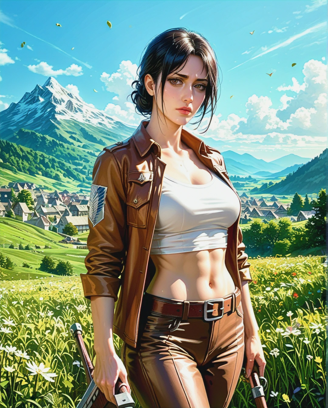 Jang sun young, mature, attack on Titan, clothes up,sex navel, village field mountain, Realistic Realistic