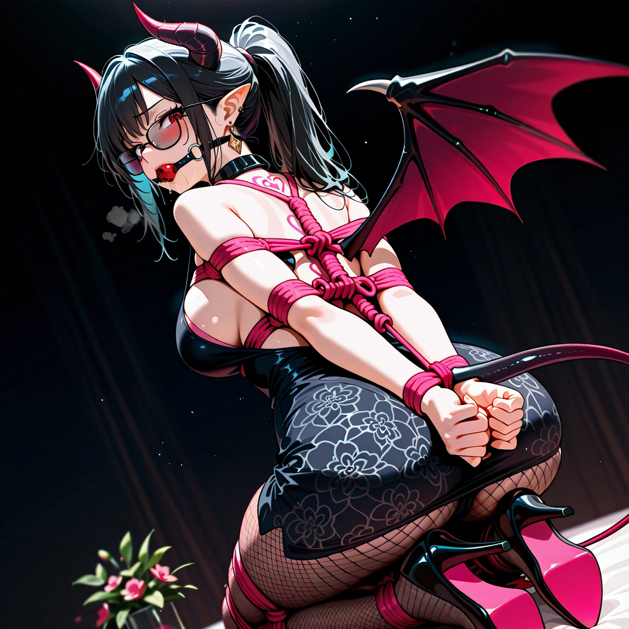 1girl, solo, cleavage, demon girl, demon horns, demon tail, demon wings, black dress, earrings, formal, glasses, high heels, horns, jewelry, pointy ears, black ponytail, pink shirt, sunglasses, tail, wings, pink shirt with flowers patterns, lips are black, pink soles of shoes, bound legs, bondage, gagged, gag, ball gag, bound, bound arms, bound legs, rope pattern on chest, pink rope, (bondage), (shibari), collar with heart, Slingback heels, Slingbacks, red eyes, make-up, saliva, black fishnet tights, hogtied, from behind, rear view. back