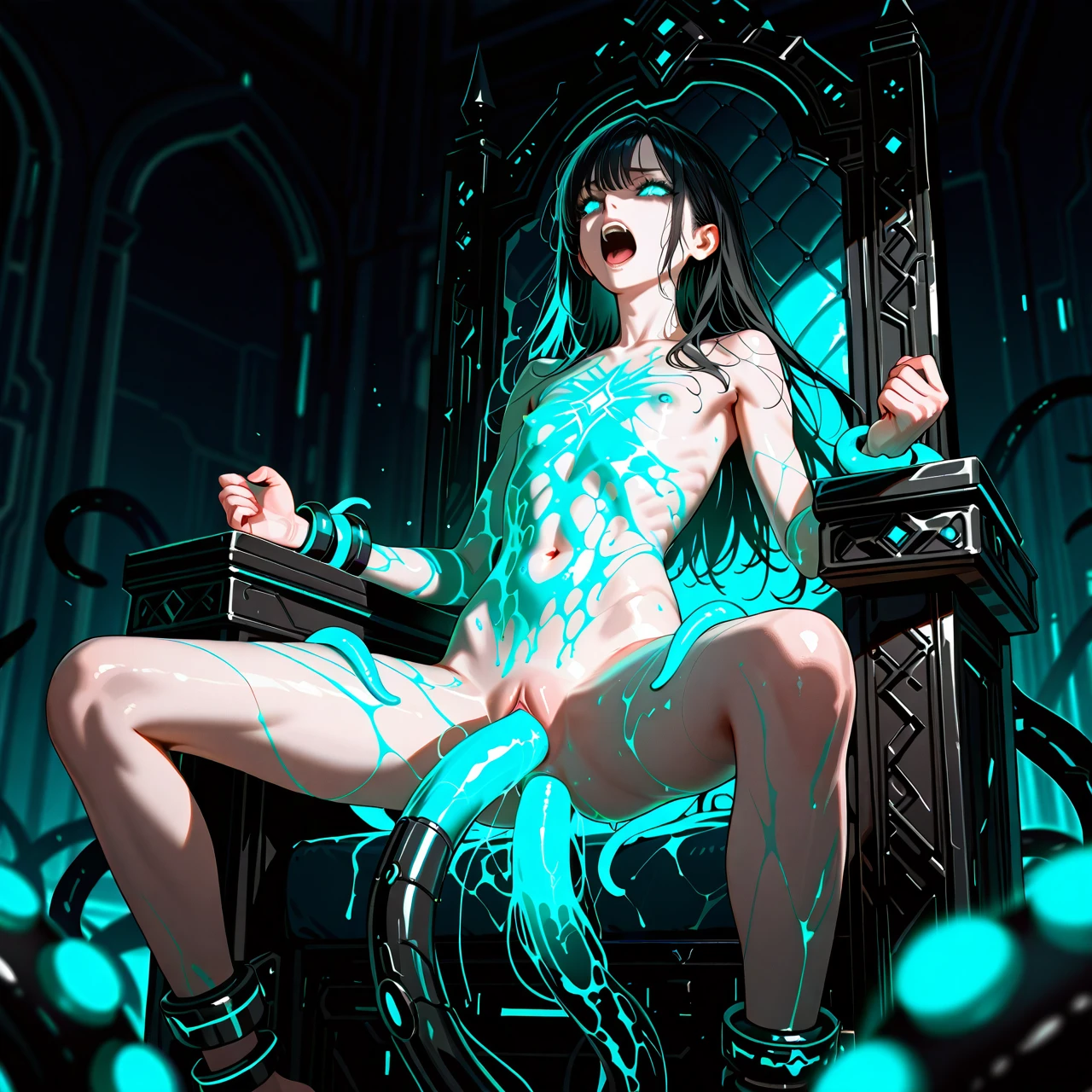 Female, solo, pale, muscular, skinny, slim, (flat_chest), long legs, black hair, glowing turquoise eyes, nude, robotic tentacles, futuristic throne, screaming from pain, grabbing hands overhead by tentacles, crucified in the air, bound legs, double penetration, vaginal penetration, anal penetration, spread legs, dark room, turquoise light,