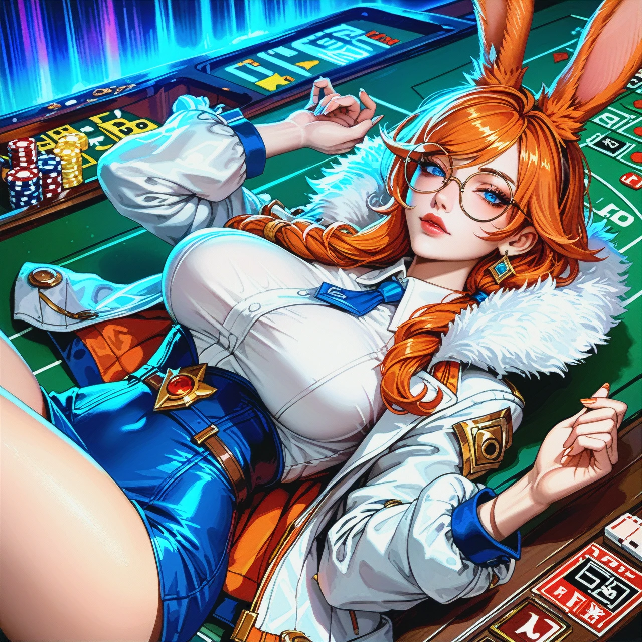 @Aurora_(league of legends) , orange ears , orange tail , blue eyes , orange hair , big breasts ,  rabbit tail , rabbit ears ,  rabbit girls , tow pigtail , white jacket with a fur collar  , orange ears, orange tail , round glasses , on back , half-closed eyes , On the table , casino