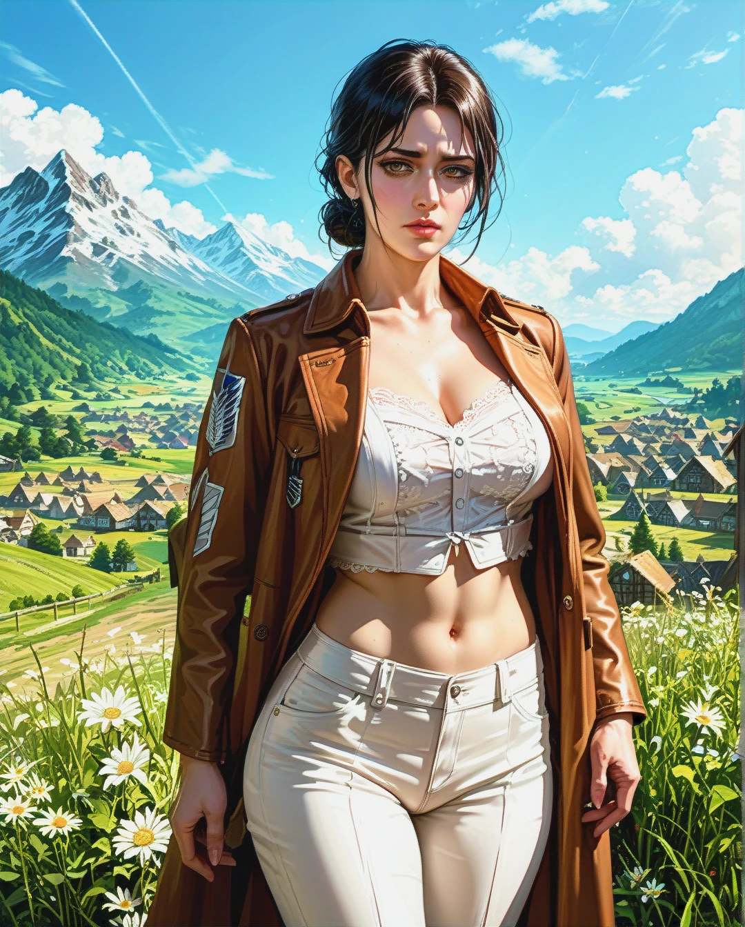 Jang sun young, mature, attack on Titan, clothes up,sex navel, village field mountain, Realistic Realistic