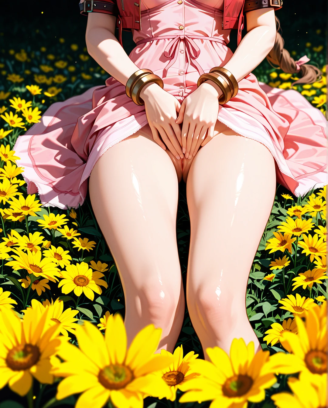 @aerith_gainsborough, in a yellow flower field, pink dress,on the floor, covering up her pussy with her hands, panic face, embarassed, surprised face, panic