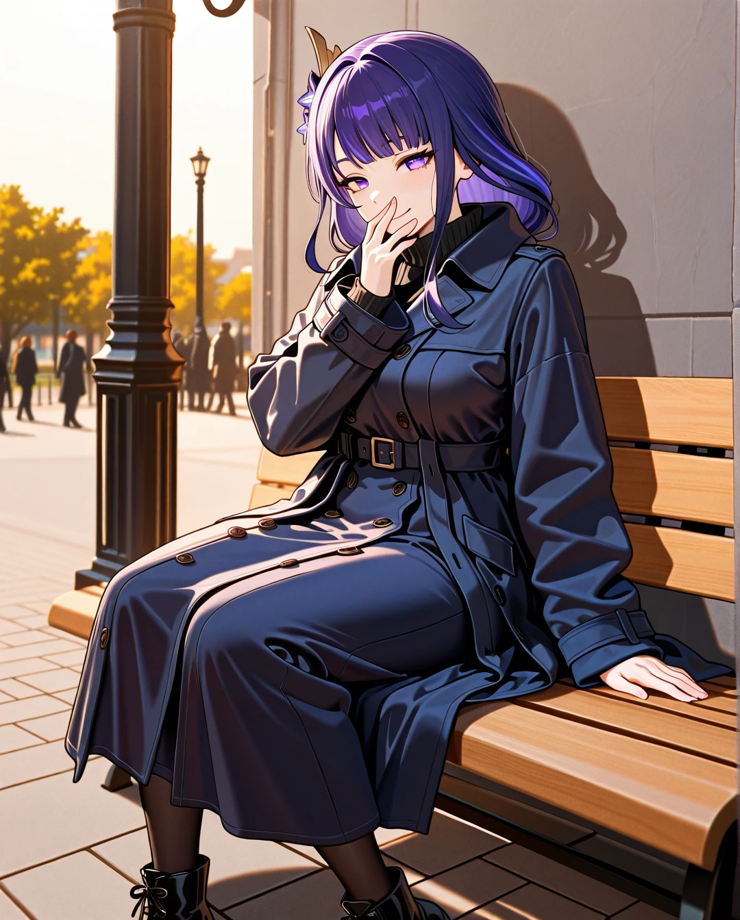 Raiden from Genshin Impact, sitting on a person's face in a secluded corner of a public park, wearing a long coat that hides the act, legs spread under the coat, one hand covering her mouth to stifle a moan, the other gripping the bench, mischievous smile, daylight, people walking nearby unaware, the person beneath her trying to stay quiet, Raiden's coat slipping slightly.