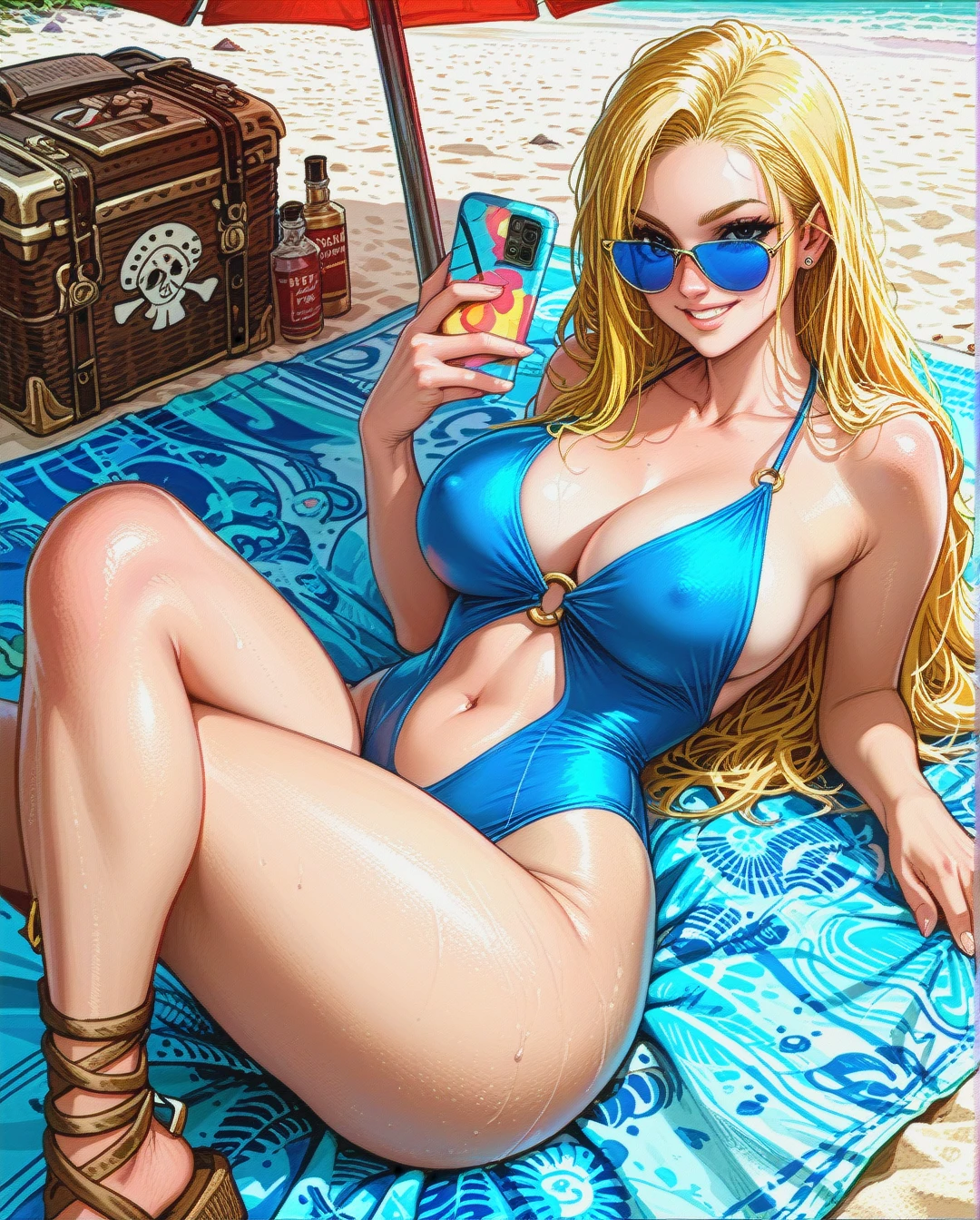 Fionna the human girl, adventure time, smiling, blonde hair, blue sunglasses, low cut blue one piece swimsuit, cleavage, visible belly button, gladiator sandals, rounded breasts, large breasts, rounded ass, thicc thighs sitting on beach towel, beach parasol, laying on back, legs extended, long hair, selfie, visible nipple