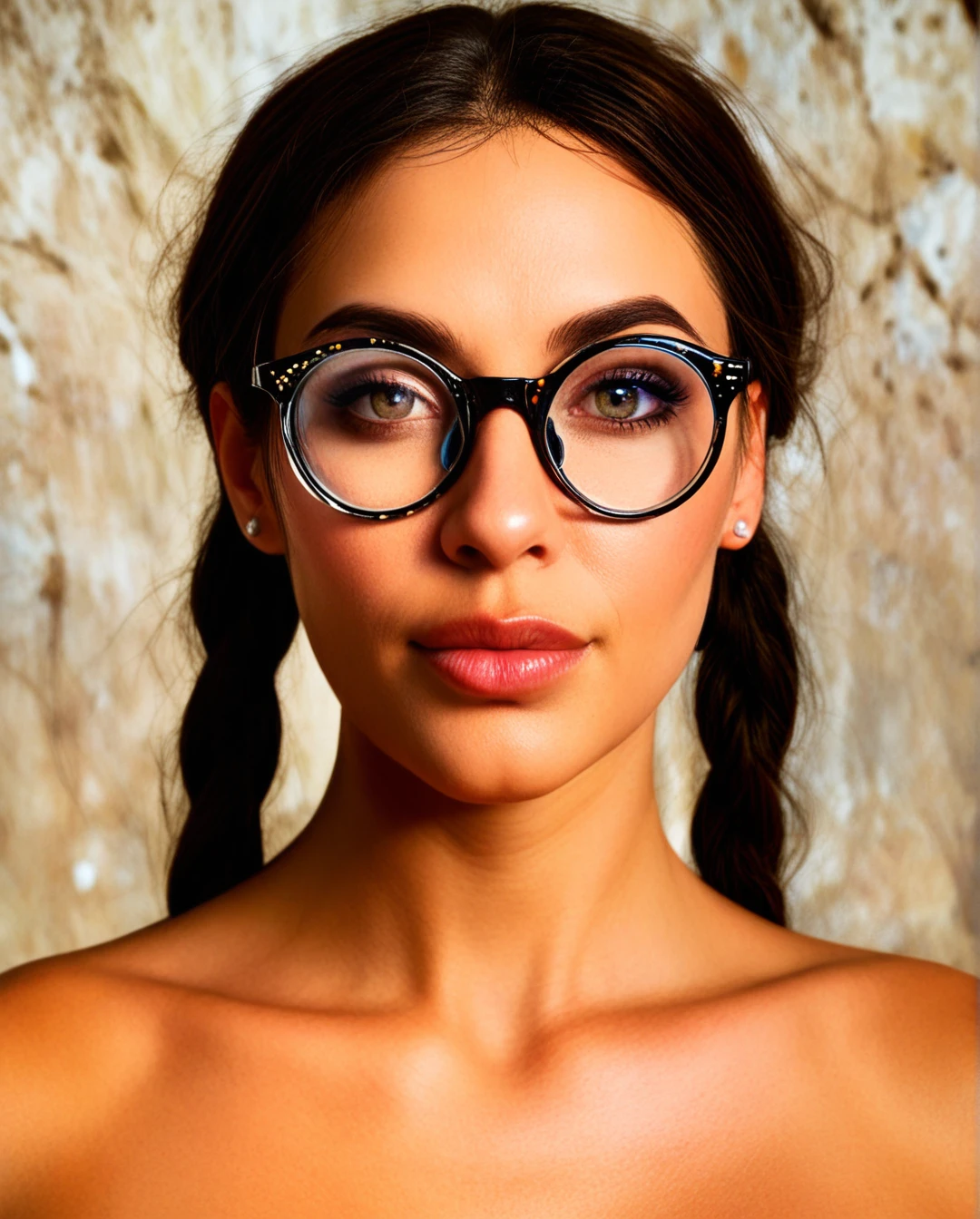 braided pigtails, large natural breasts, dark skin, round glasses