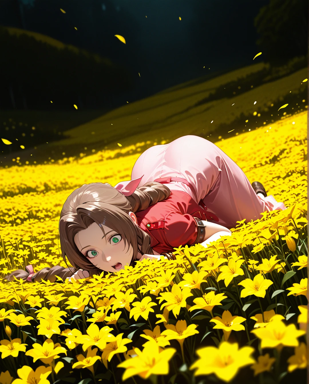 @aerith_gainsborough, in a yellow flower field, pink dress, stumbled and falling onto the floor, falling sideways, movement, in the middle of stumbling, surprised face, panic