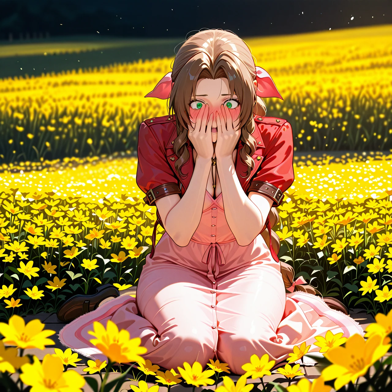 @aerith_gainsborough, in a yellow flower field, pink dress,on the floor, panic face, embarassed face, surprised face, panic, wide view, hiding her face with her hands, blushing a lot, extreme blushing, hiding her face