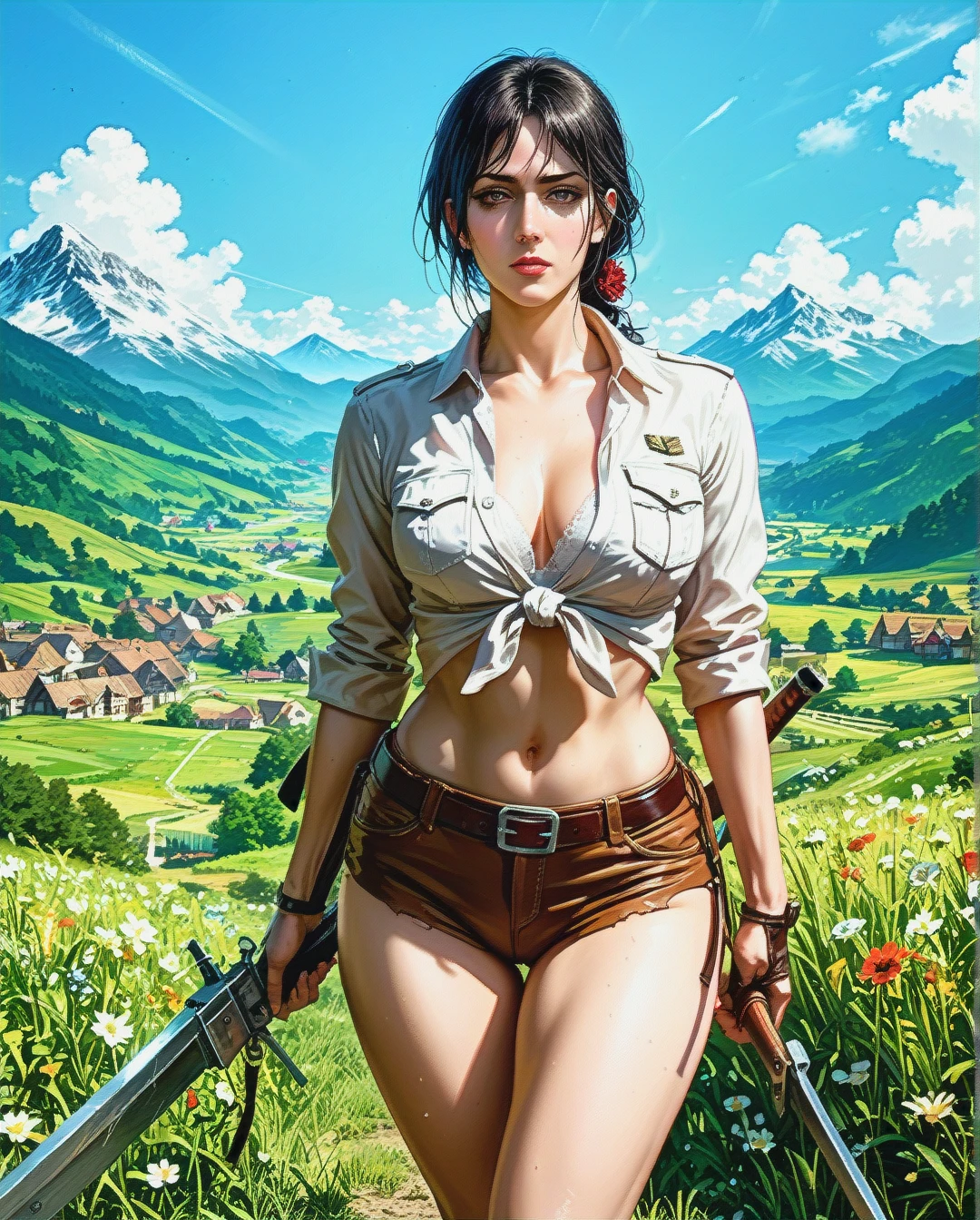 Jang sun young, mature, attack on Titan, clothes up,sex navel, village field mountain, Realistic Realistic