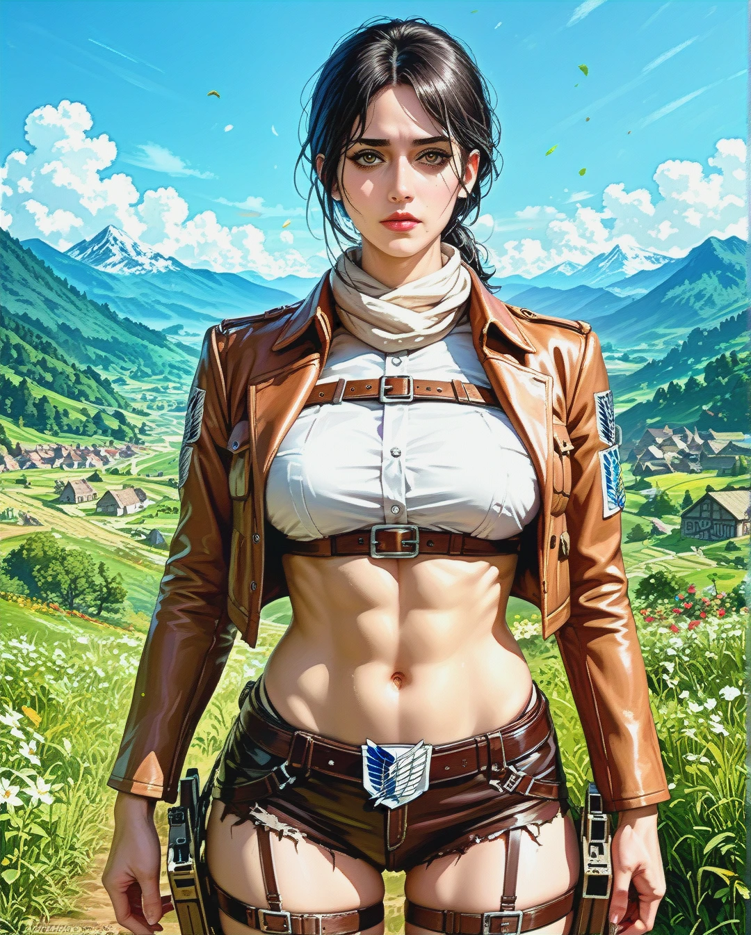 Jang sun young, mature, attack on Titan, clothes up,sex navel, village field mountain, Realistic Realistic