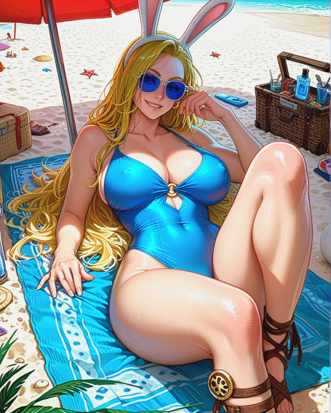 Fionna the human girl, adventure time, smiling, blonde hair, blue sunglasses, low cut blue one piece swimsuit, cleavage, visible belly button, gladiator sandals, rounded breasts, large breasts, rounded ass, thicc thighs sitting on beach towel, beach parasol, laying on back, legs extended, long hair, selfie, exposing nipple