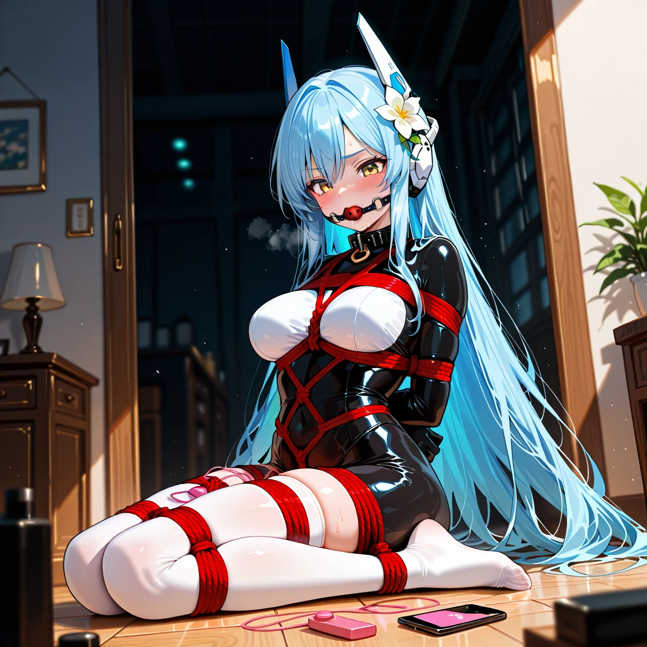 1girl, arms behind back, ball gag, bdsm, blue hair, blush, bodysuit, bondage, bound, bound arms, bound legs, breasts, cellphone, collar, flower, gag, gagged, hair flower, hair ornament, headgear, large breasts, long hair, medium breasts, no shoes, phone, red rope, restrained, robot ears, rope, shibari, shibari over clothes, sitting, solo, thighhighs, very long hair, vibrator, white thighhighs, wiffle gag, yellow eyes