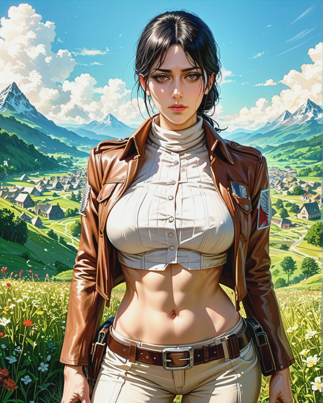 Jang sun young, mature, attack on Titan, clothes up,sex navel, village field mountain, Realistic Realistic