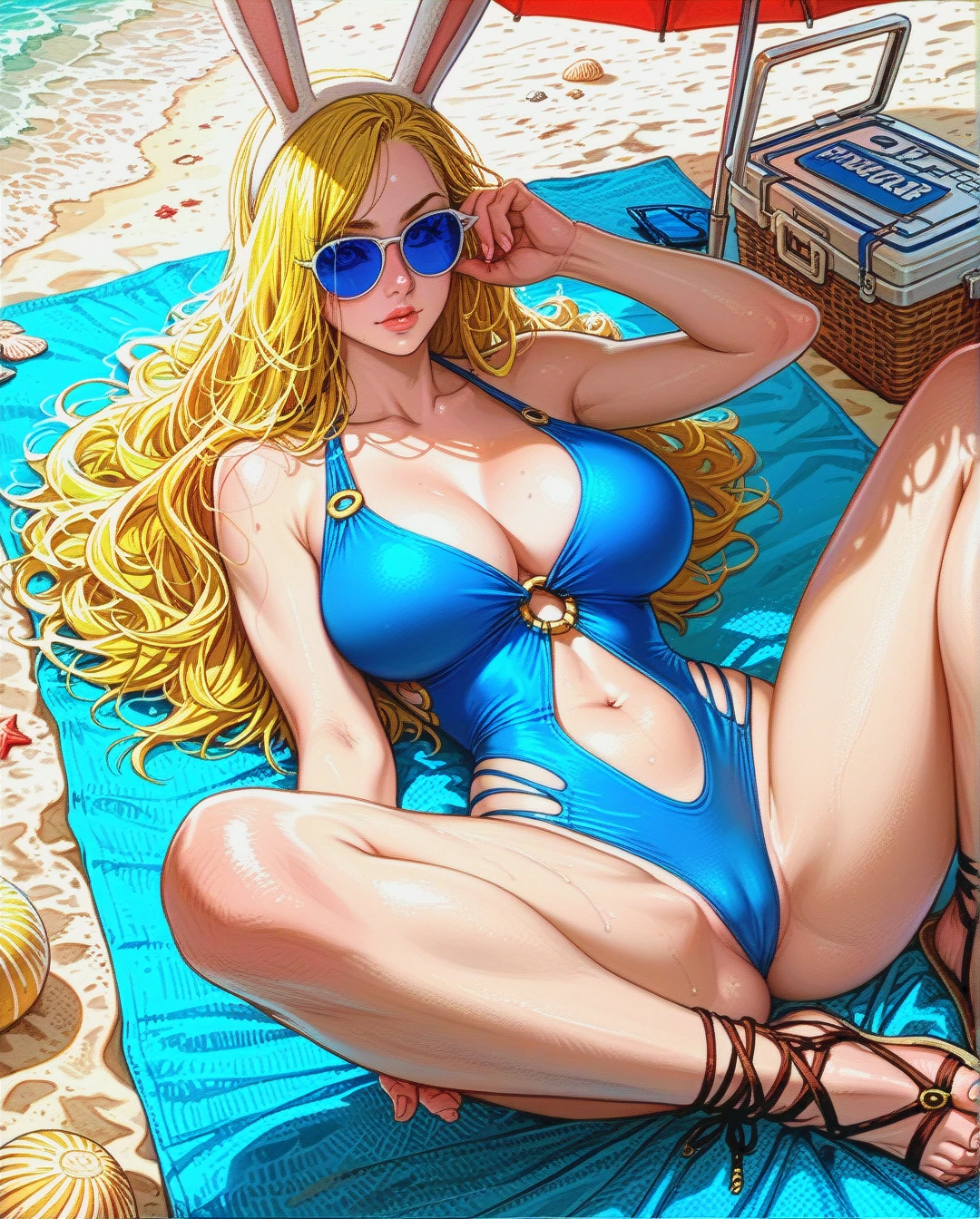 fionna the human woman, adventure time, blonde hair, blue sunglasses, low blue one piece swimsuit, cleavage, visible belly button, gladiator sandals, rounded breasts, large breasts, rounded ass, thicc thighs sitting on beach towel, beach parasol, laying on back, legs extended, long hair, selfie