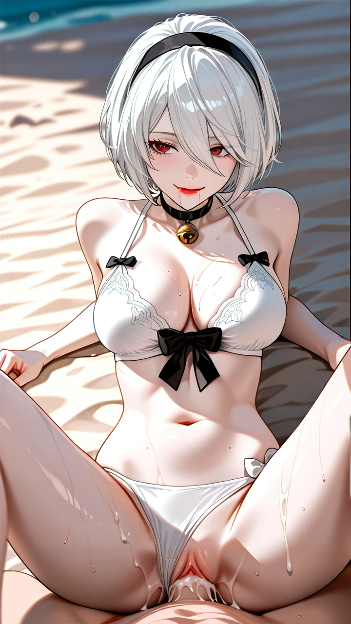 Take the photo so that their entire body is visible in the image, from head to toe.  The girl have long and messy white hair and red eyes. She have a skinny and sexy body. She have white skin. She have so beautiful face.  She face like @2b She is wearing a white swimsuit. She is in beach.  She is a vampire.  She : (flower_in_mouth) (lying) (legs_up) (palm) (bikini_pull) (bow_bra) (large_breasts) (evil_smile) (lipstick) (drooling)   She sex with her boyfriend.   The boy have white hair and red eyes. He have a muscular and skinny body. He have white skin. He is a vampire. He have a white dick. He is a vampire Too. He face like @bell_cranel He: (evil_smile) (drooling) (eye_contact)    They sex: (arms_around_neck) (double_vaginal) (cumdrip) (cumdump) (deep_penetration)