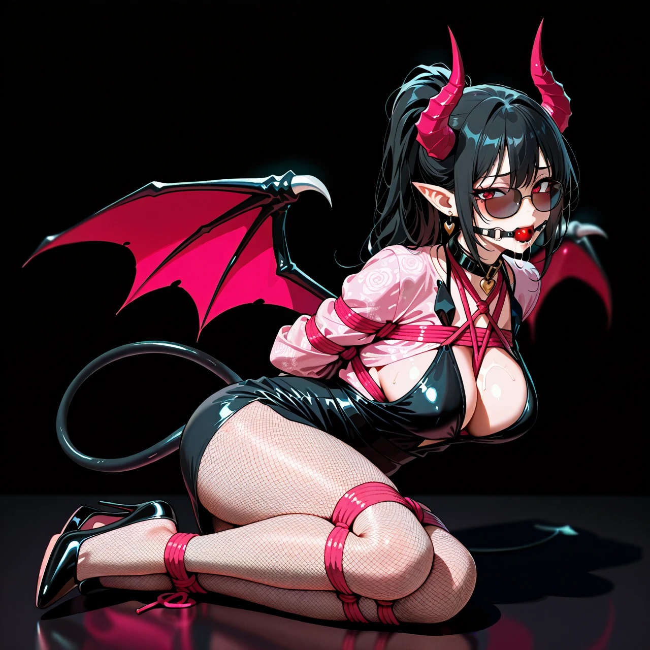 1girl, solo, cleavage, demon girl, demon horns, demon tail, demon wings, black dress, earrings, formal, glasses, high heels, horns, jewelry, pointy ears, black ponytail, pink shirt, sunglasses, tail, wings, pink shirt with flowers patterns, lips are black, pink soles of shoes, bound legs, bondage, gagged, gag, ball gag, bound, bound ankles, bound arms, bound legs, rope pattern on chest, pink rope, (bondage), (shibari), collar with heart, Slingback heels, Slingbacks, red eyes, make-up, saliva, black fishnet tights, orgasm