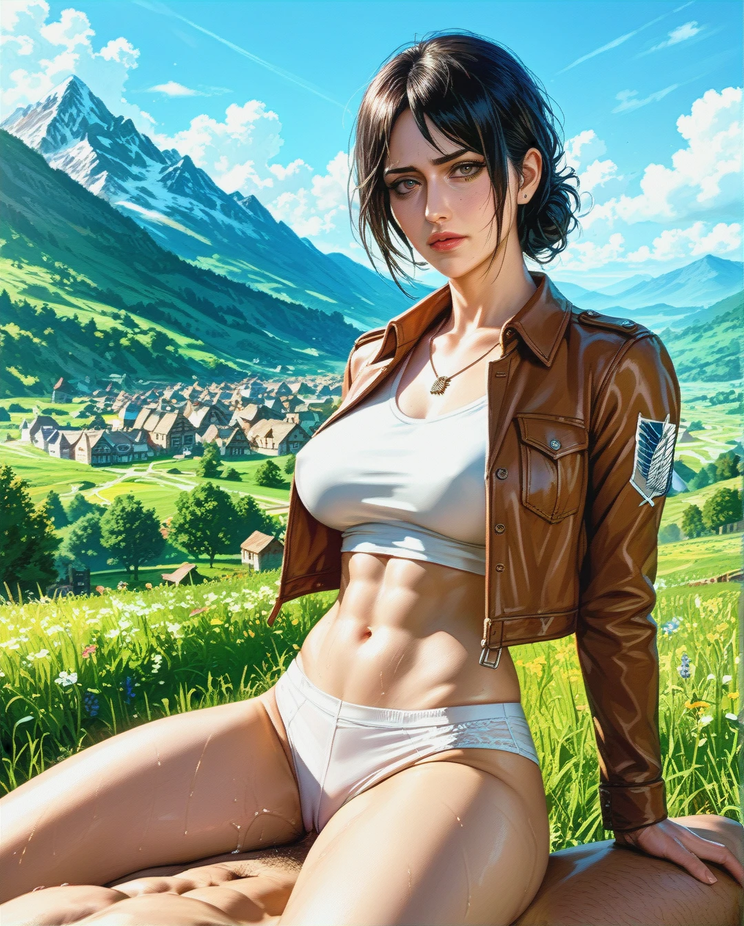 Jang sun young, mature, attack on Titan, clothes up,sex navel, village field mountain, Realistic Realistic