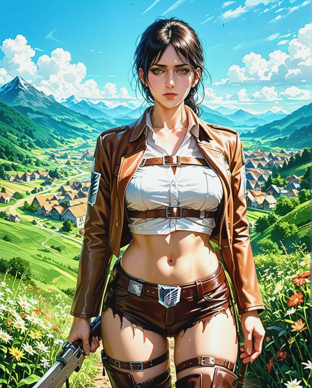 Jang sun young, mature, attack on Titan, clothes up,sex navel, village field mountain, Realistic Realistic