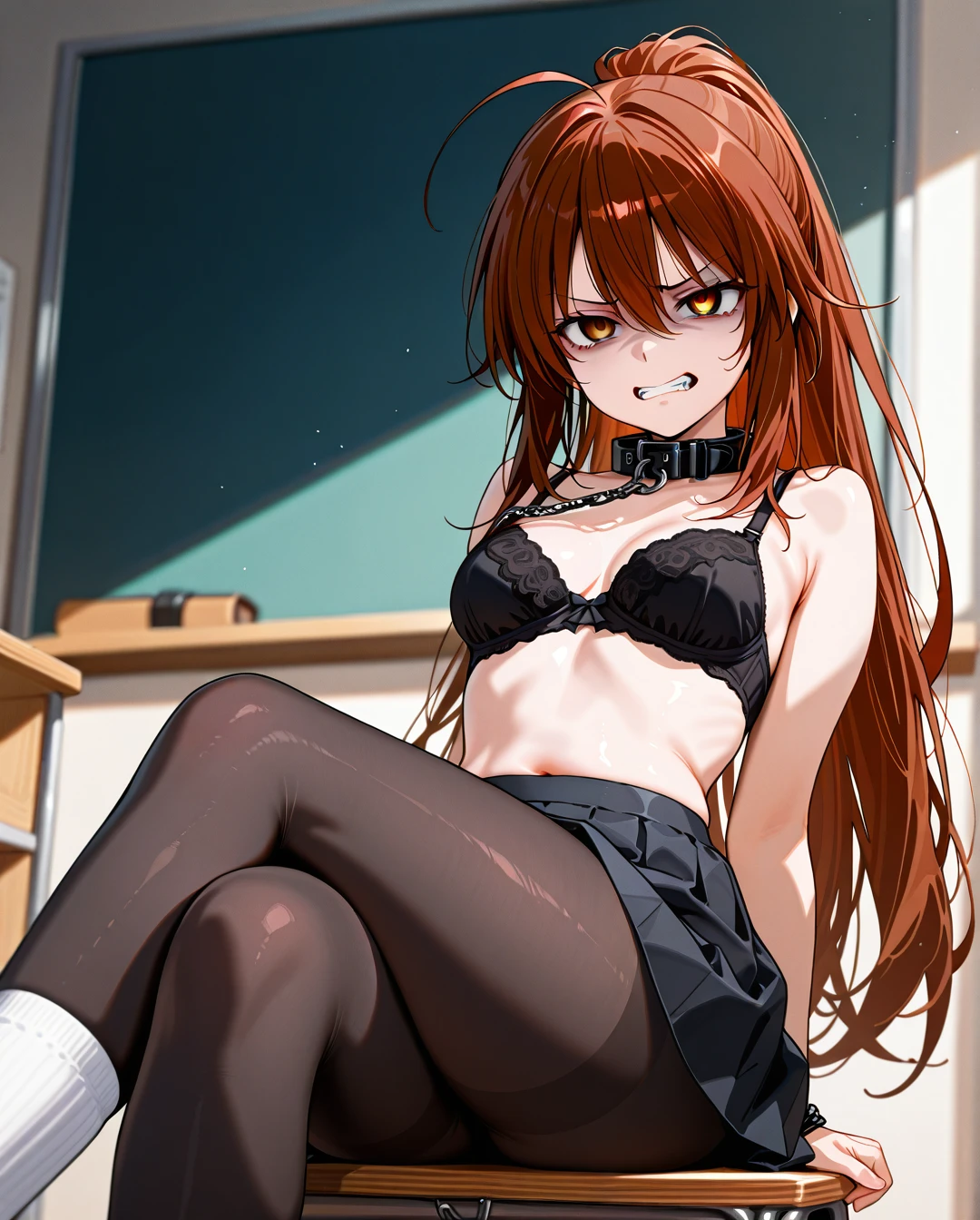 @natsume_rin, Black tights with white socks, black slave collar, (evil_smile), open stomach,  Pain in the eyes, (crossed_legs), school, (humiliation), nude, black skirt, black tights with white socks lift,  (clenched_teeth), (disgust), black bra