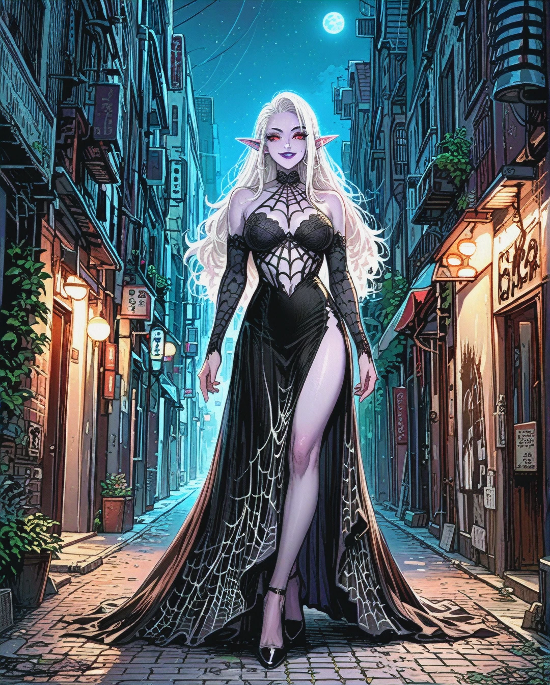 Elf, grey purple skin, long white hair, black lingerie, black slit leg long skirt, spider web pattern, high heels, red eyes, smiling, purple lipstick, full body, alleyway, fantasy, night