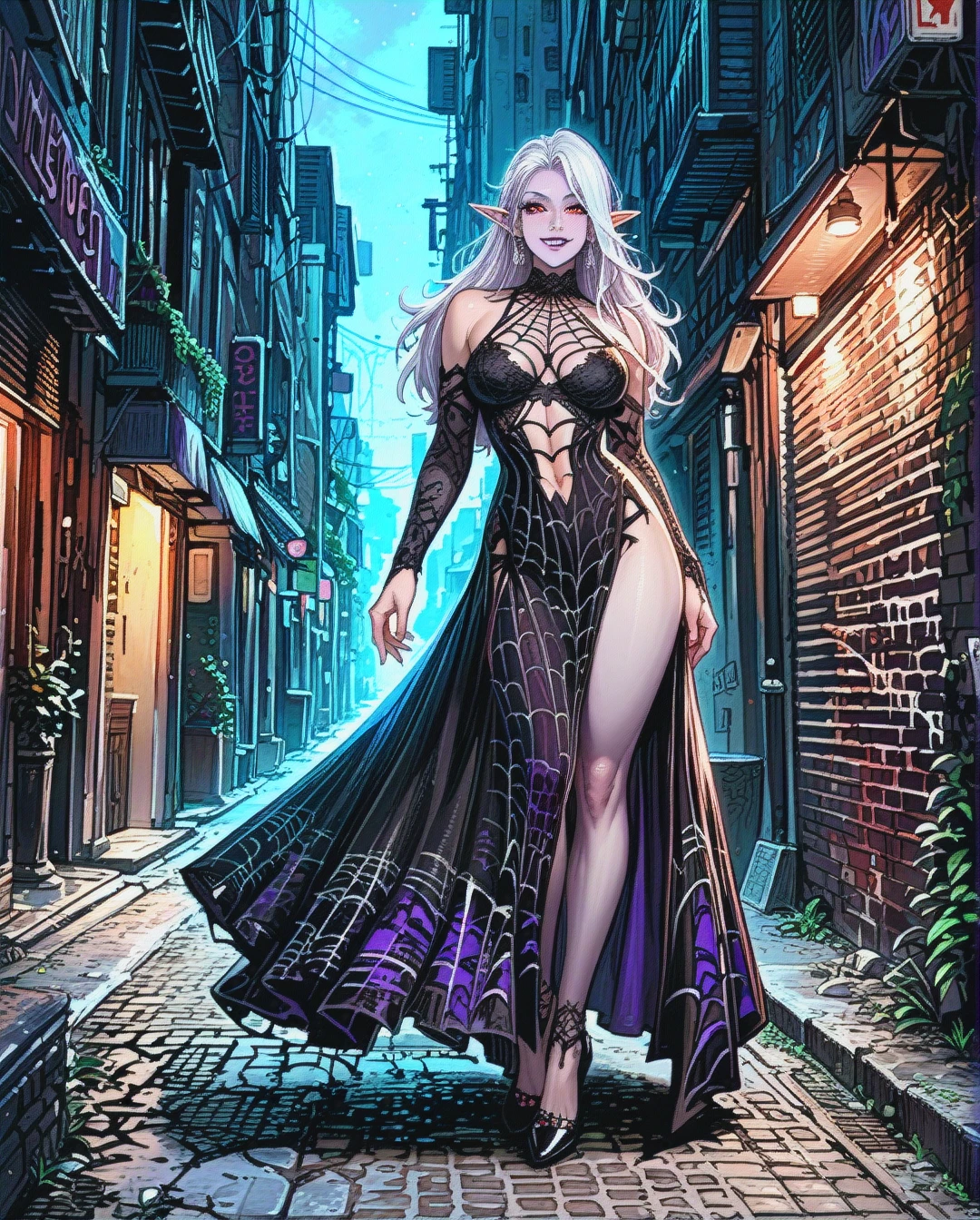 Elf, grey purple skin, long white hair, black lingerie, black slit leg long skirt, spider web pattern, high heels, red eyes, smiling, purple lipstick, full body, alleyway, fantasy, night