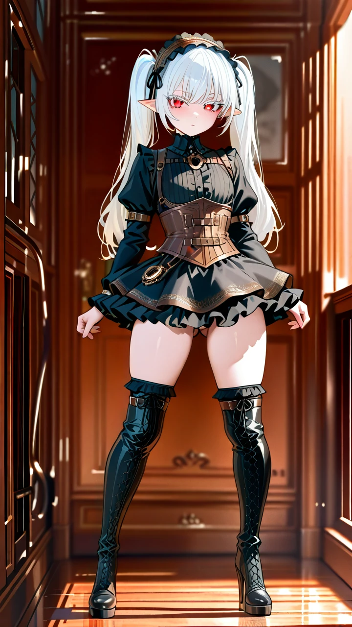 (otoko_no_ko) white_hair long_hair twin_ponytails (red_eyes) white_eyelashes pointy_ears steampunk_clothes (underbust) frilled_skirt frilled_hairband thigh_high_boots_with_laces puffed_sleeves black_shirt (legs_apart) highheels penis_bulge standing thigh_high_boots