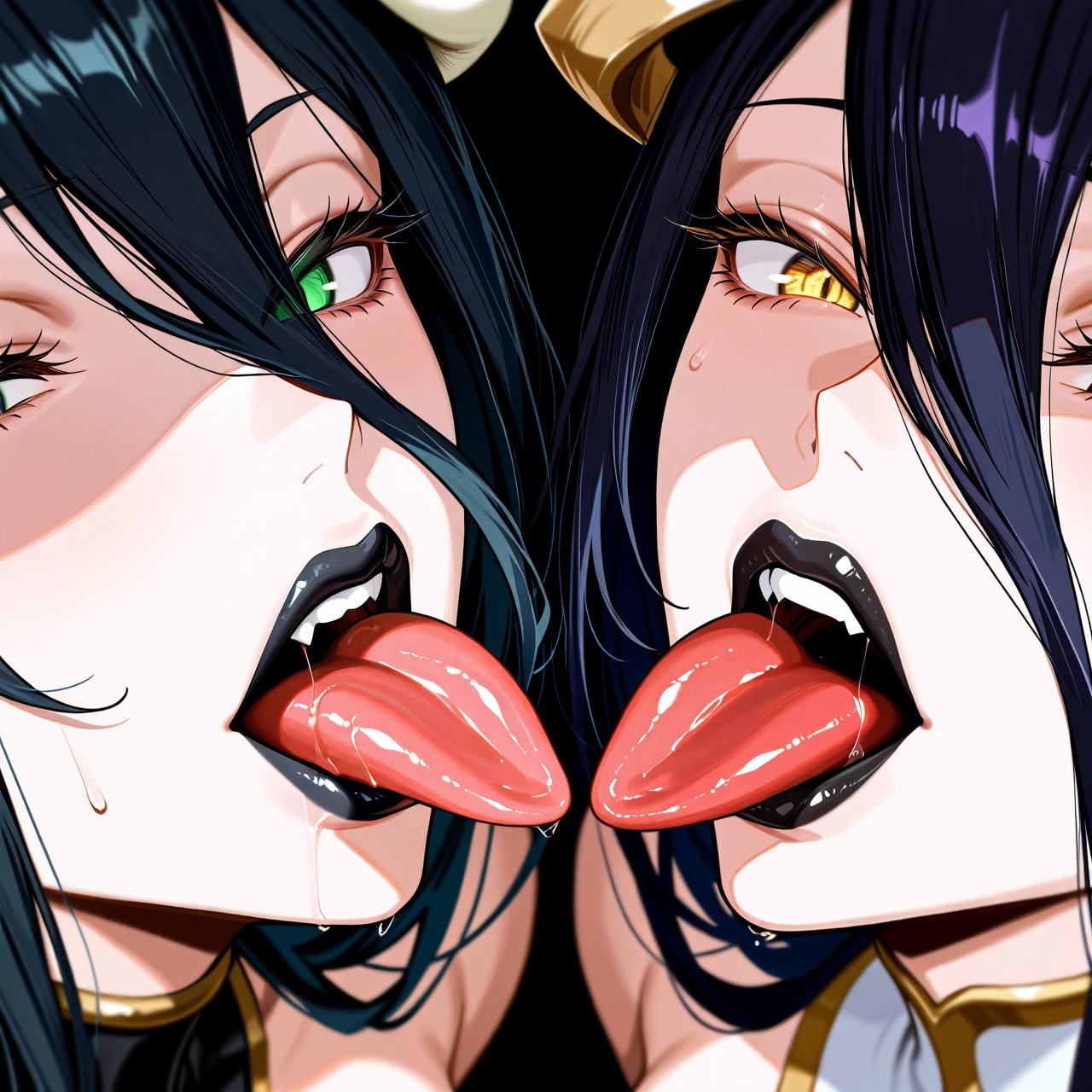 @yae_miko goth, black hair, black lipstic,  @albedo (endured_face) black hair, black lipsticks (tongue_out)