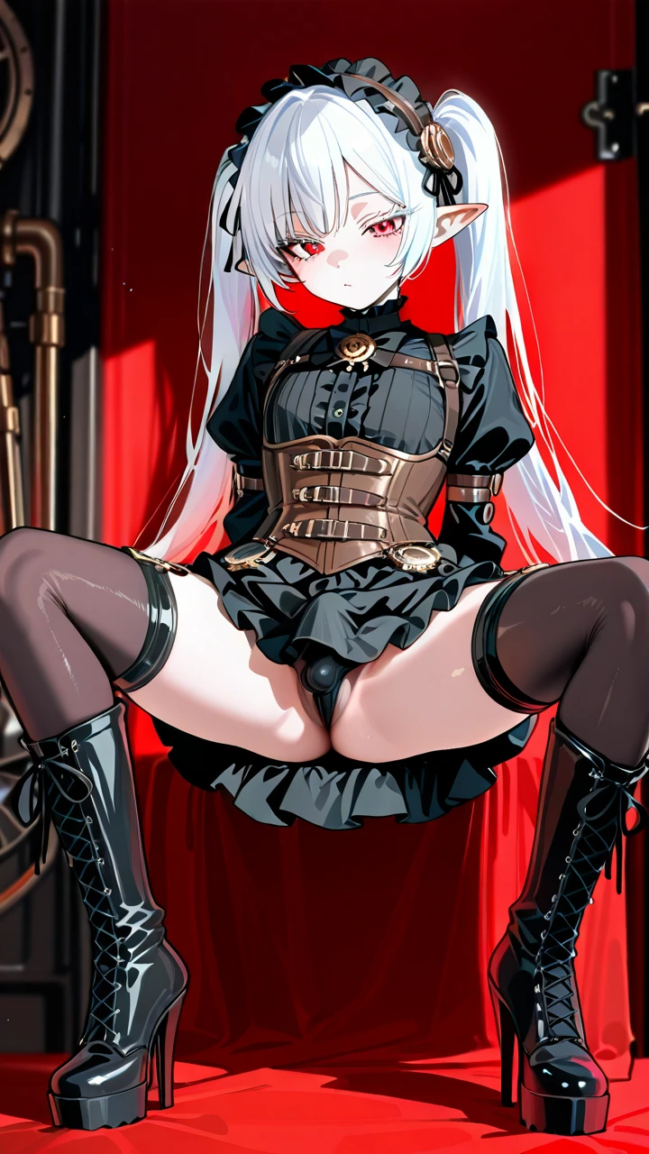 (otoko_no_ko) white_hair long_hair twin_ponytails (red_eyes) white_eyelashes pointy_ears steampunk_clothes (underbust) frilled_skirt frilled_hairband thigh_high_boots_with_laces puffed_sleeves black_shirt (legs_apart) highheels penis_bulge