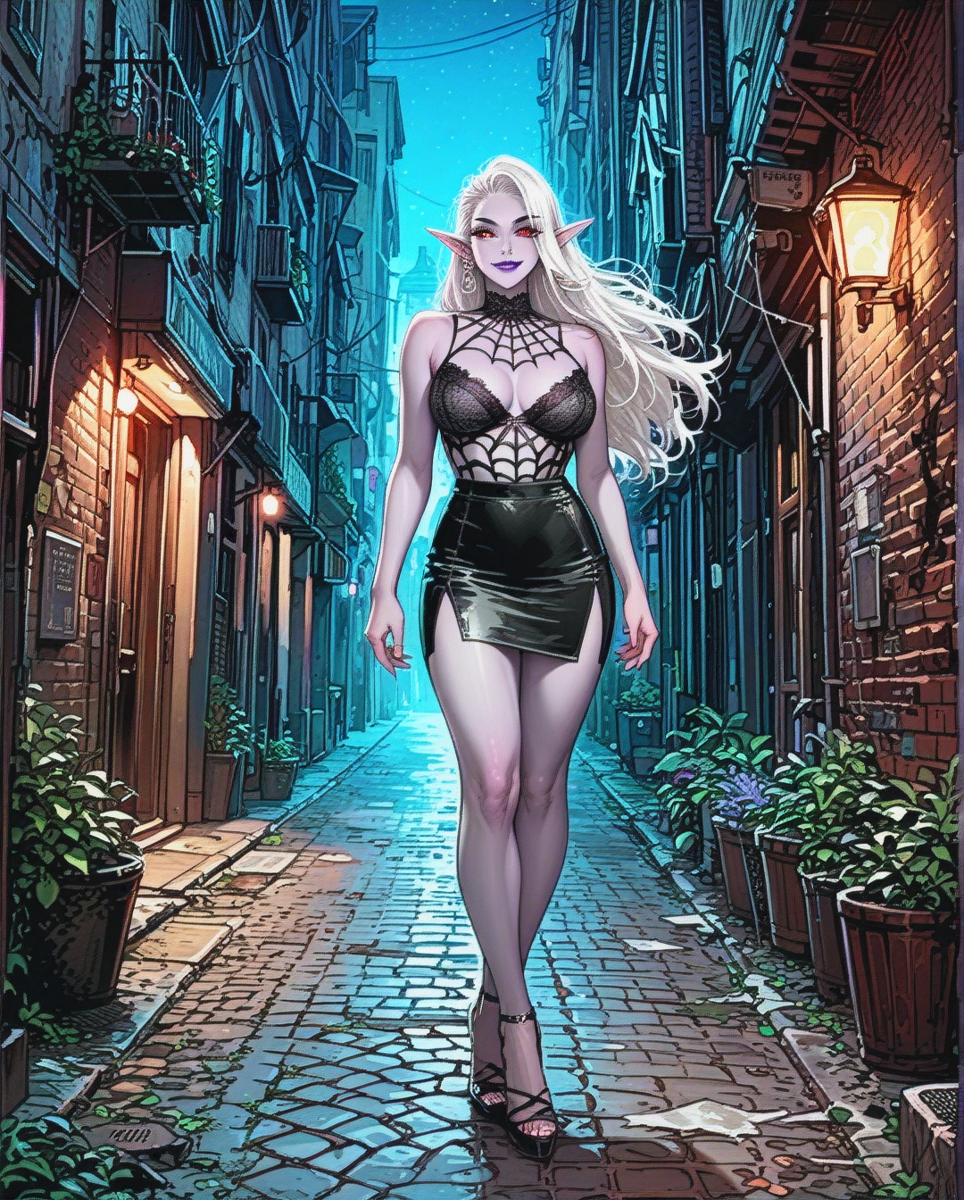 Elf, grey purple skin, long white hair, black lingerie, black slit leg skirt, spider web pattern, high heels, red eyes, smiling, purple lipstick, full body, alleyway, fantasy, night