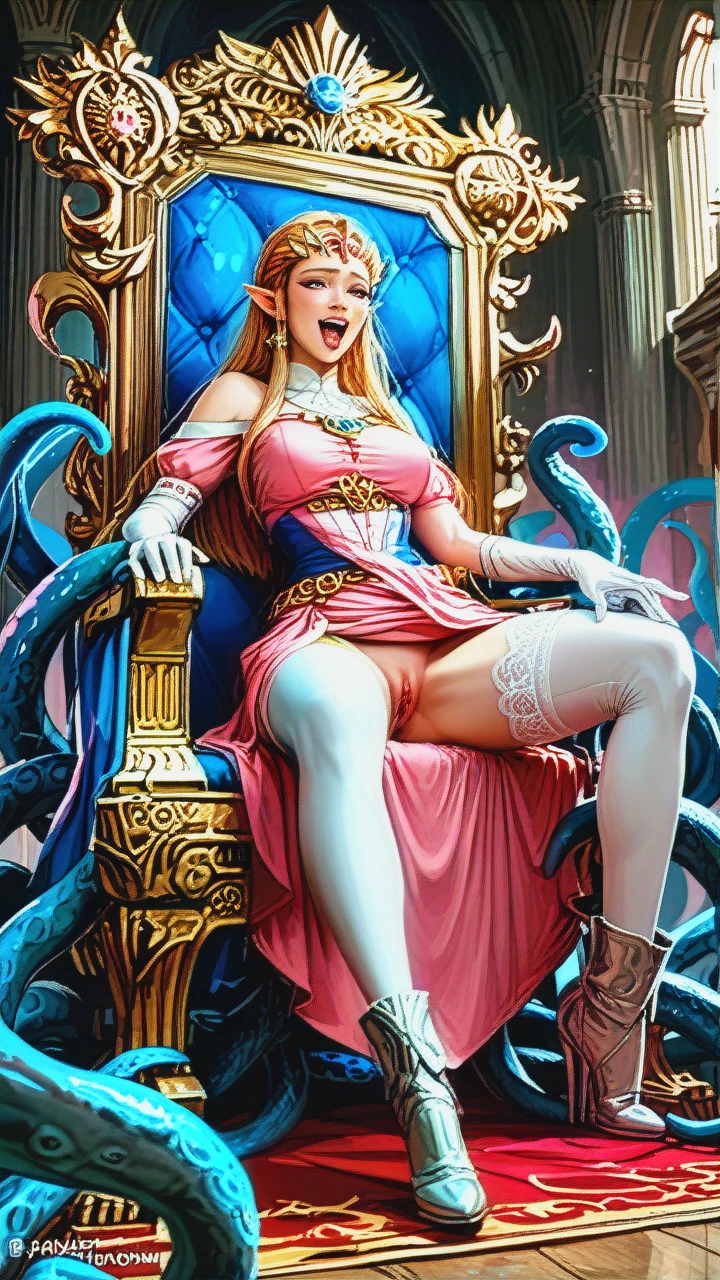 Zelda from The Legend of Zelda: Twilight Princess, full body, ,white stockings , (curvy),(laughing),(slender proportioned girl),realistic image,pink royal dress,(skirt_lift), leater high boots, (spread_legs),in throne room,(ahegao),(tentacle_sex),(glowing_eyes),vaginal,gloves,gray skin,scar