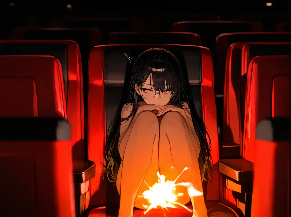 A girl sits naked in a movie theater, her glasses reflecting an explosion on the screen, her legs spread and a hand jerking her off between her legs