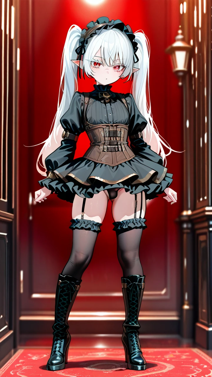 (otoko_no_ko) white_hair long_hair twin_ponytails (red_eyes) white_eyelashes pointy_ears steampunk_clothes (underbust) frilled_skirt frilled_hairband thigh_high_boots_with_laces puffed_sleeves black_shirt (legs_apart) highheels penis_bulge standing